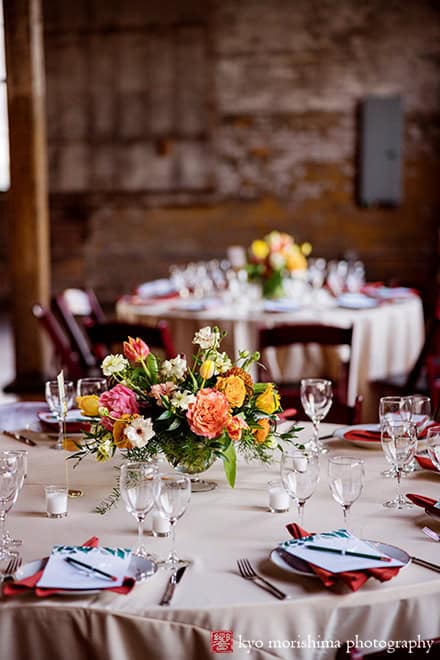 rustic, spring, wedding, Brooklyn, Greenpoint Loft, Kyo Morishima Photography, NYC, details, table setting, flowers, reception
