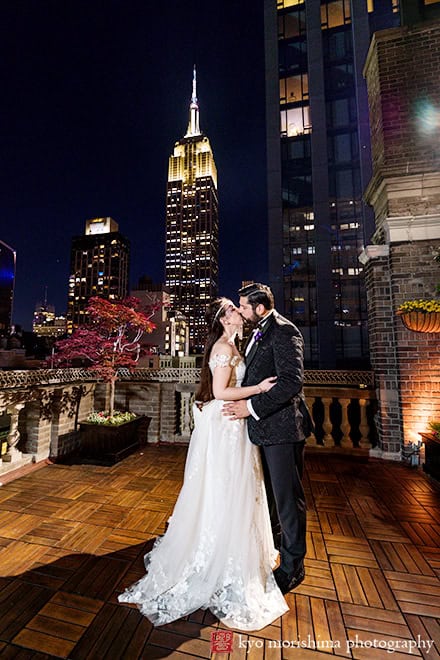 Empire State Building, Kyo Morishima Photography; Manhattan, Midtown Loft & Terrace, NYC wedding, Thomas Preti Caterers, Vera's Bridal, night, outside, portrait, spring, roof top, bride and groom