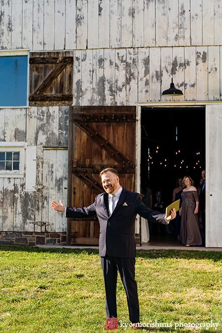 outdoor ceremony barn, field, Princeton NJ Updike Farmstead summer fall autumn Wedding groom walking down the isle