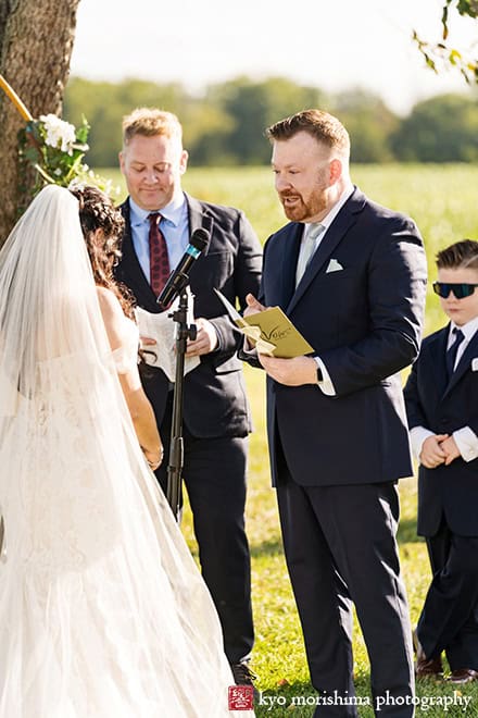 outdoor ceremony barn, field, Princeton NJ Updike Farmstead summer fall autumn Wedding exchange of vows