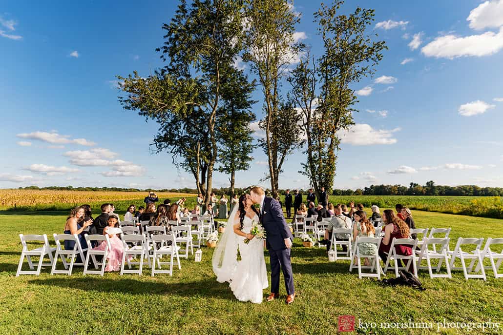 outdoor ceremony kiss Princeton NJ Updike Farmstead summer fall autumn Wedding