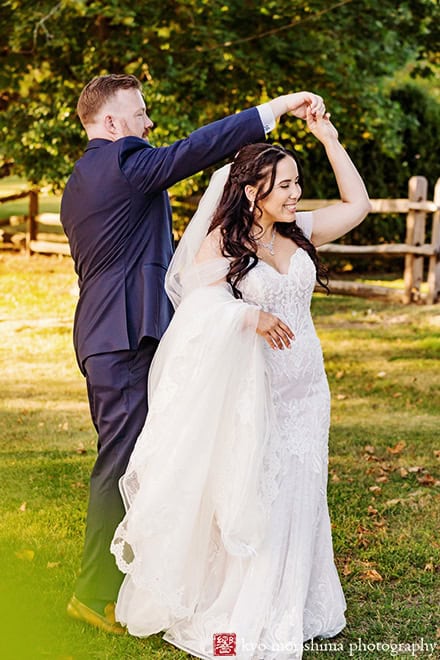 outdoor portrait bride and groom newlyweds holding hands tree field, Princeton NJ Updike Farmstead summer fall autumn Wedding first dance twirl