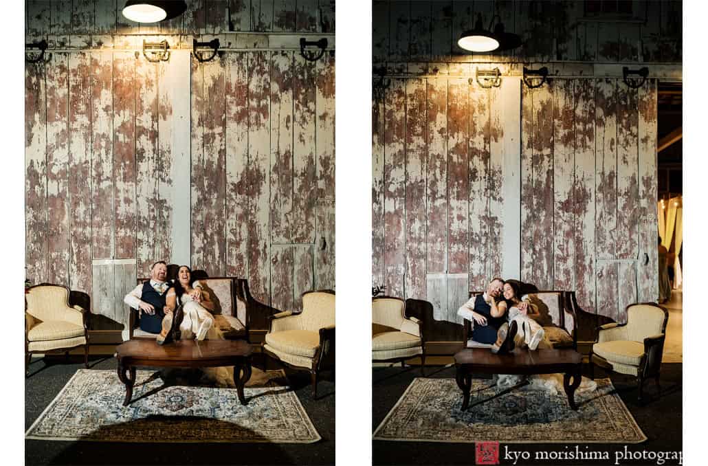 outdoor night portrait bride and groom newlyweds laughing relaxing on a couch Princeton NJ Updike Farmstead summer fall autumn Wedding