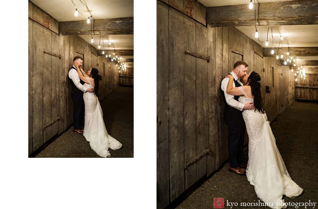 outdoor night portrait bride and groom newlyweds kiss, barn, Princeton NJ Updike Farmstead summer fall autumn Wedding