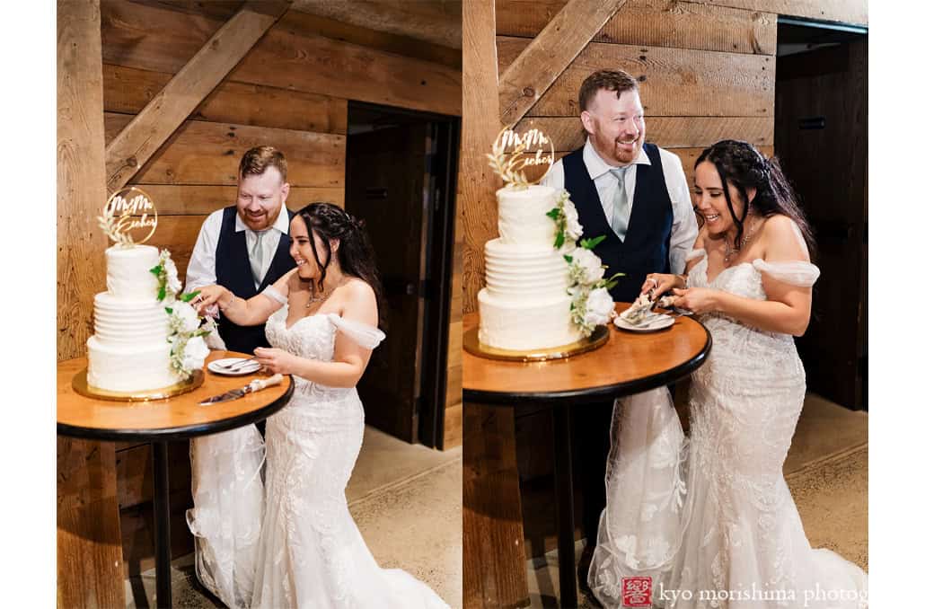 Bride and Groom cutting wedding cake smiling Princeton NJ Updike Farmstead summer fall autumn