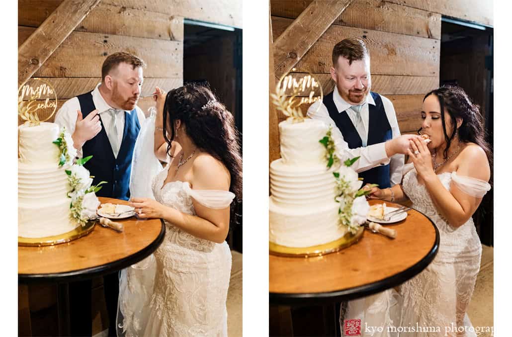 Bride and Groom feeding wedding cake Princeton NJ Updike Farmstead summer fall autumn