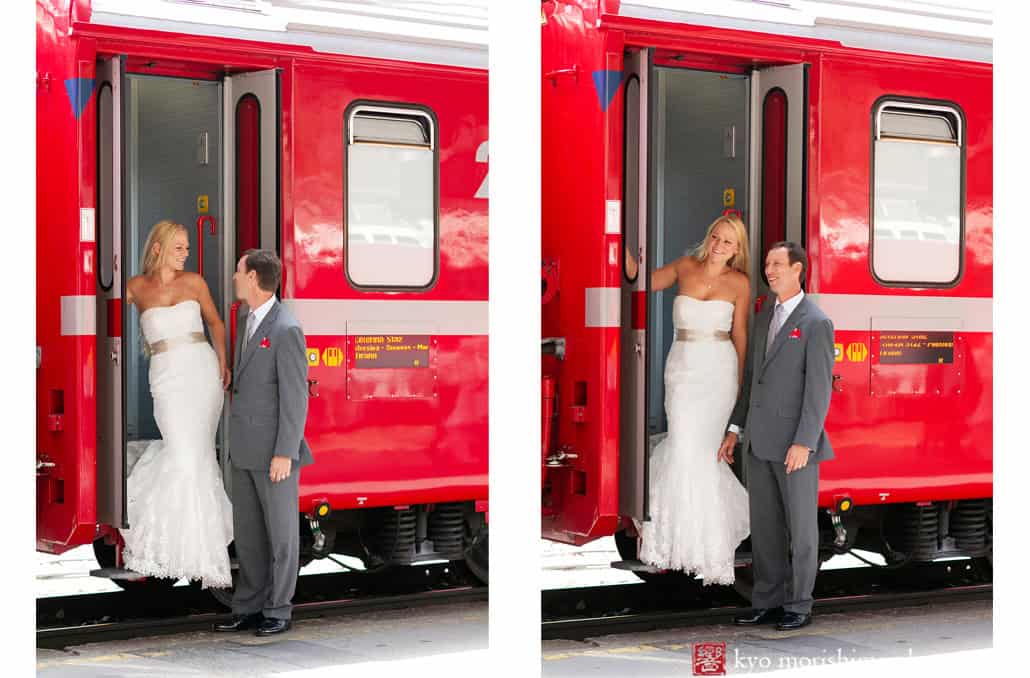 bride and groom trash the dress portrait destination elopement wedding St Moritz Switzerland train station Europe サンモリッツ スイス ヨーロッパ