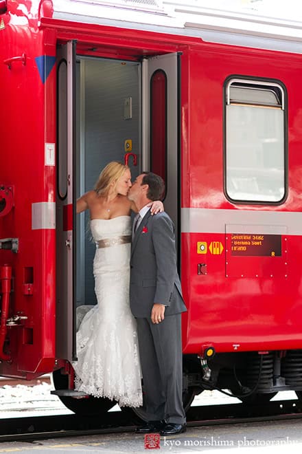 bride and groom trash the dress portrait destination elopement wedding St Moritz Switzerland train station Europe サンモリッツ スイス ヨーロッパ
