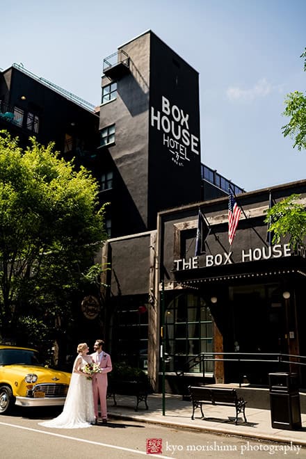 Box House Hotel in Brooklyn, NYC bride and groom portrait checker yellow cab