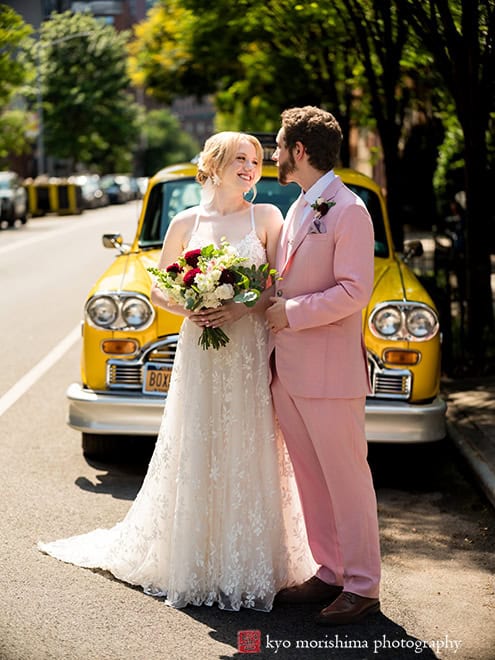 Box House Hotel in Brooklyn, NYC bride and groom portrait checker yellow cab