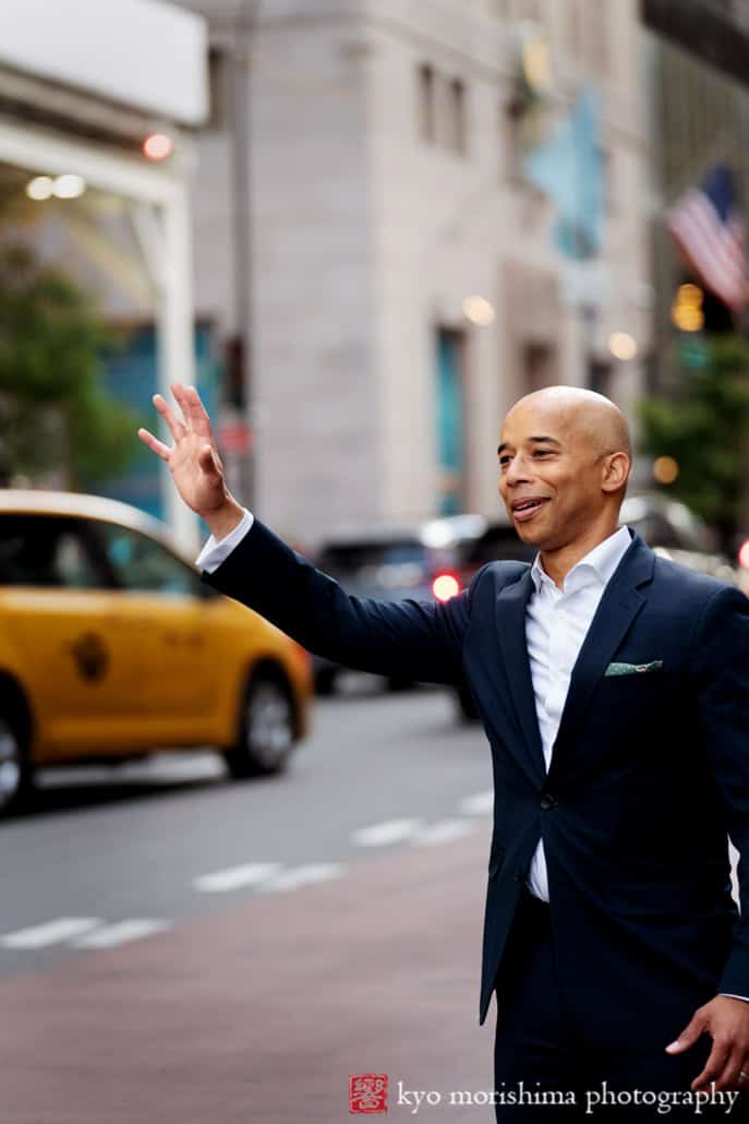 Businessman Lawyer Catching a Yellow Cab on 5th Avenue Manhattan NYC