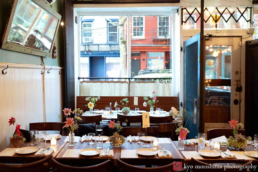 Spring Vinegar Hill House Dumbo Brooklyn NYC Foodie restaurant Wedding detail table setting rustic wild flower
