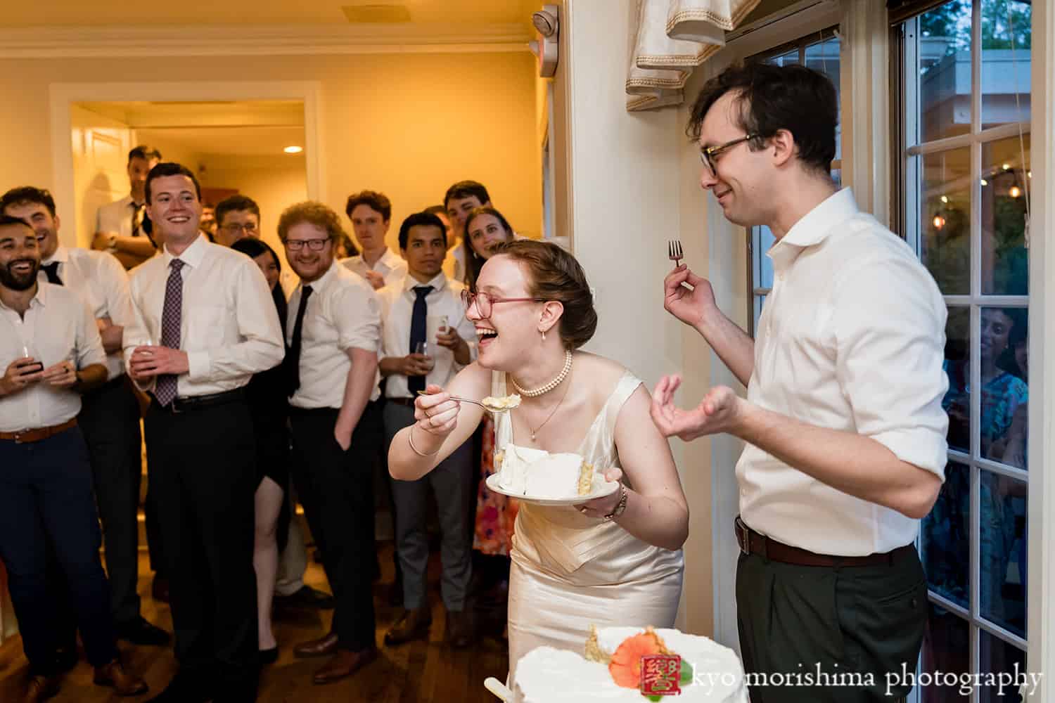 Spring Mountain Lakes House Princeton NJ outdoor wedding bride and groom guests cutting cake