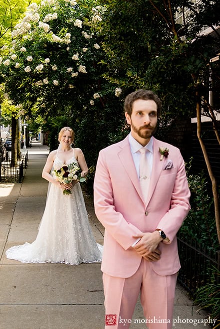 Box House Hotel in Brooklyn, NYC bride and groom first look bride smiling