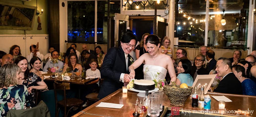 Fall Vinegar Hill House Dumbo Brooklyn NYC Foodie rustic restaurant Wedding reception guests enjoying cake cut