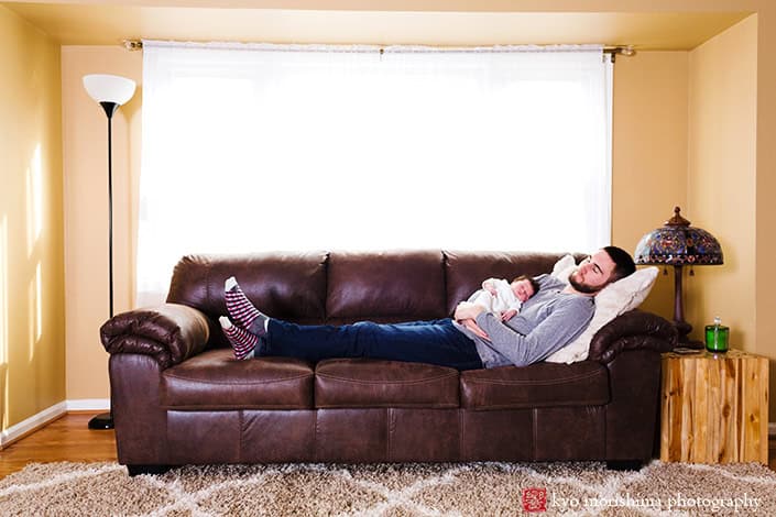 NYC Brooklyn NJ Princeton newborn family portrait baby sleeps on dad, morris county, new jersey, photographer