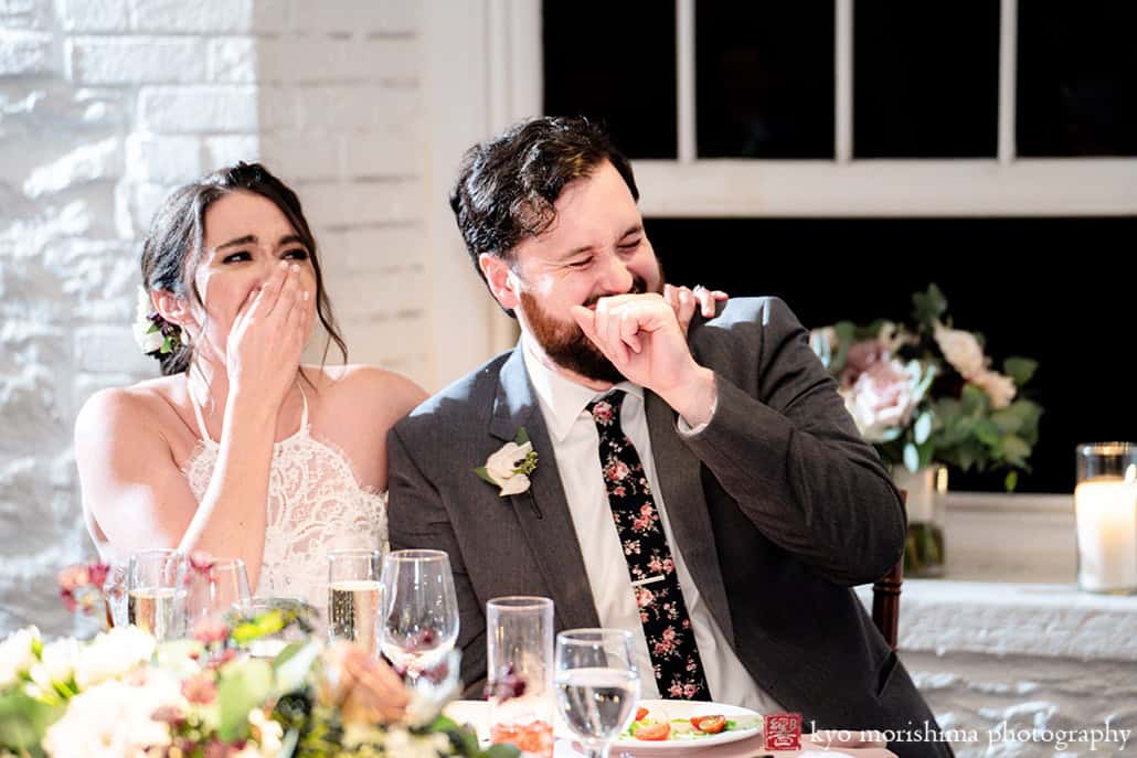 Stone Mill, NYBG, NYC, New York Botanical Garden, fall bride and groom wedding reception toast laughing