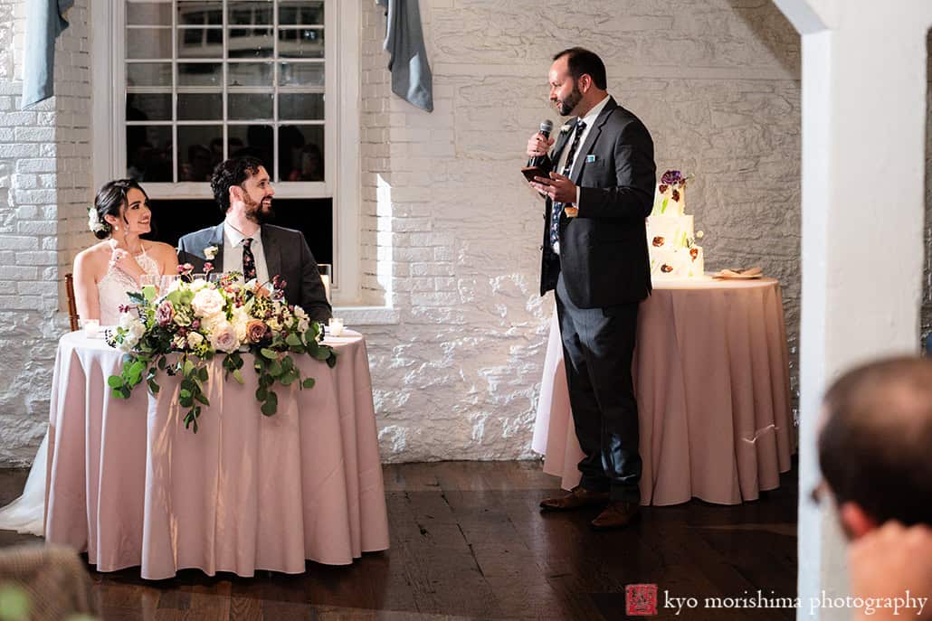 Stone Mill, NYBG, NYC, New York Botanical Garden, fall bride and groom wedding reception toast