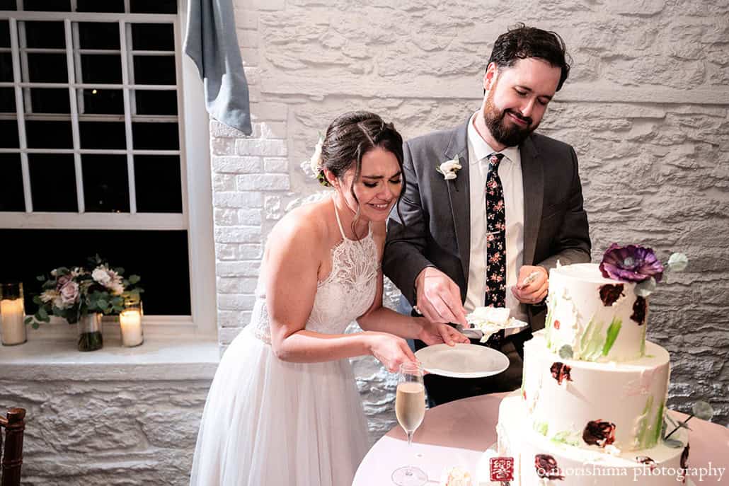 Stone Mill, NYBG, NYC, New York Botanical Garden, fall bride and groom wedding cake cut