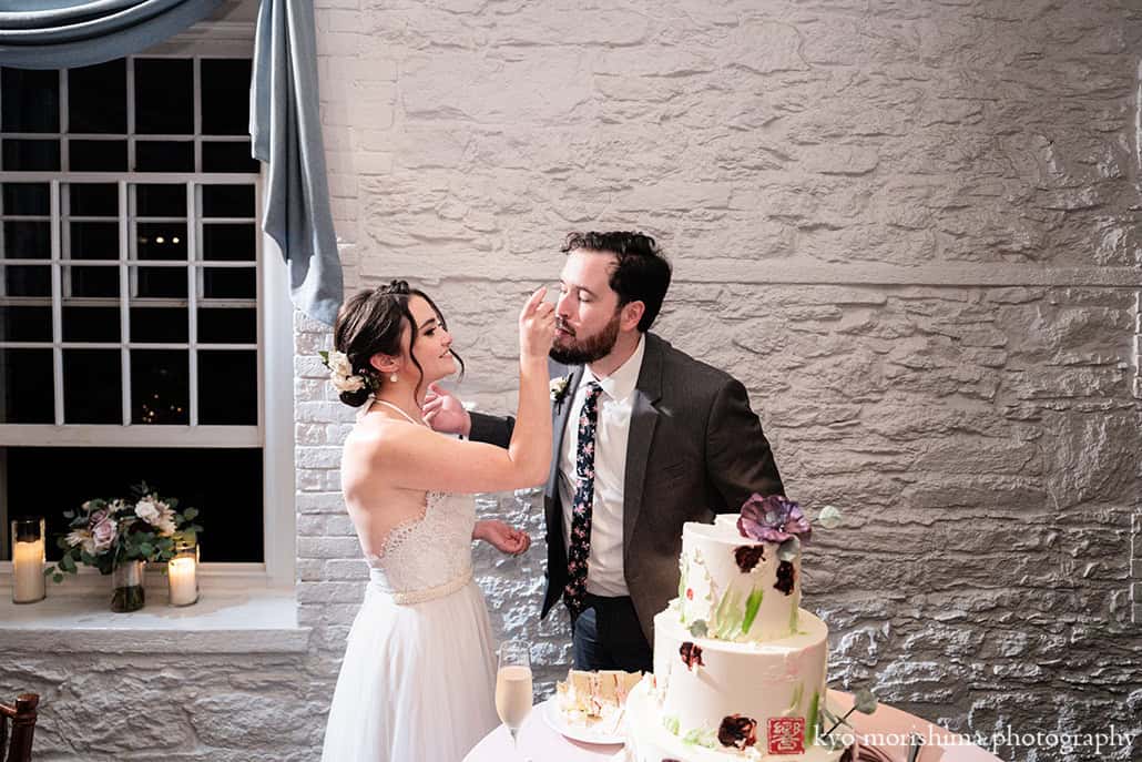 Stone Mill, NYBG, NYC, New York Botanical Garden, fall bride and groom wedding cake cut