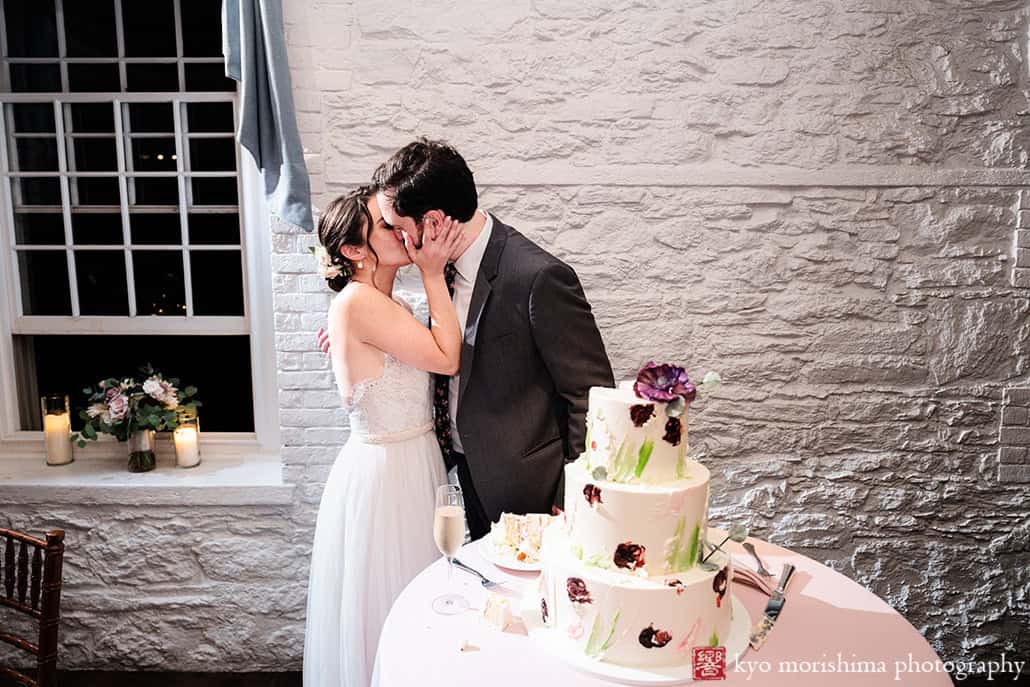 Stone Mill, NYBG, NYC, New York Botanical Garden, fall bride and groom wedding cake cut kiss