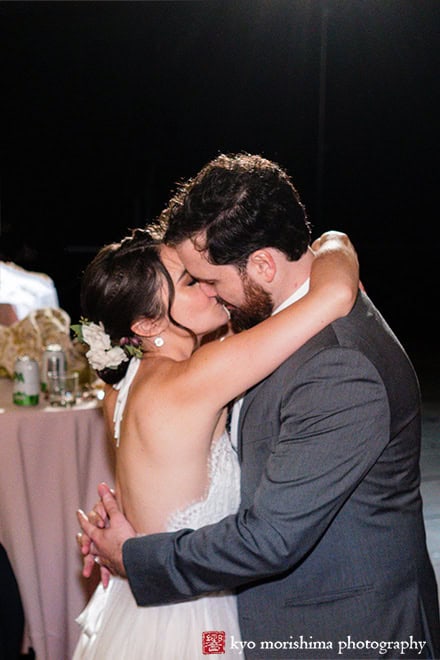 Stone Mill, NYBG, NYC, New York Botanical Garden, fall bride and groom wedding outdoor reception kiss