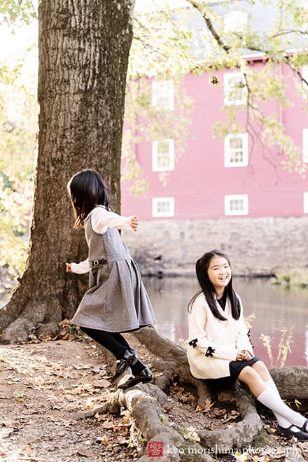 fall girls smiling and having fun d&r park Kingston Grist Mill NJ family photographer