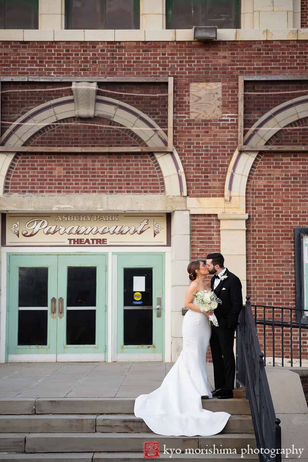Asbury Hotel, NJ, Asbury Park, winter wedding bride and groom outdoor portrait Convention Hall kiss