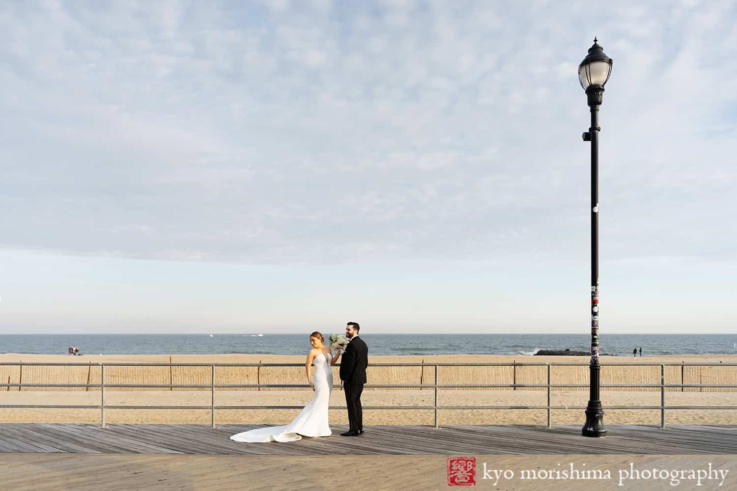 Asbury Hotel, NJ, Asbury Park, winter wedding bride and groom outdoor portrait boardwalk beach
