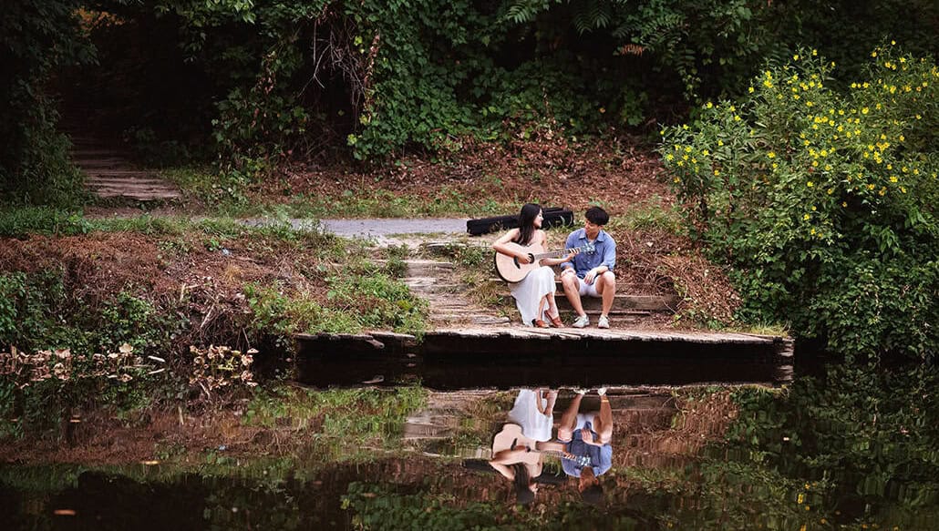 NJ, Princeton, downtown, engagement portrait, engaged couple, guitar, river, reflection, D&R Canal Trail