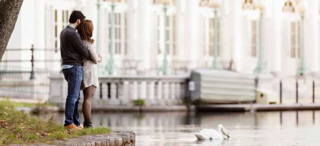 Fall Prospect Park Brooklyn NYC engagement portrait hug Boathouse