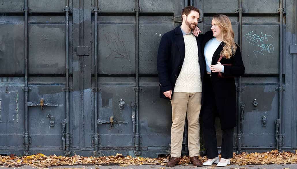 Fall Prospect Park Brooklyn NYC engagement portrait couple shipping container