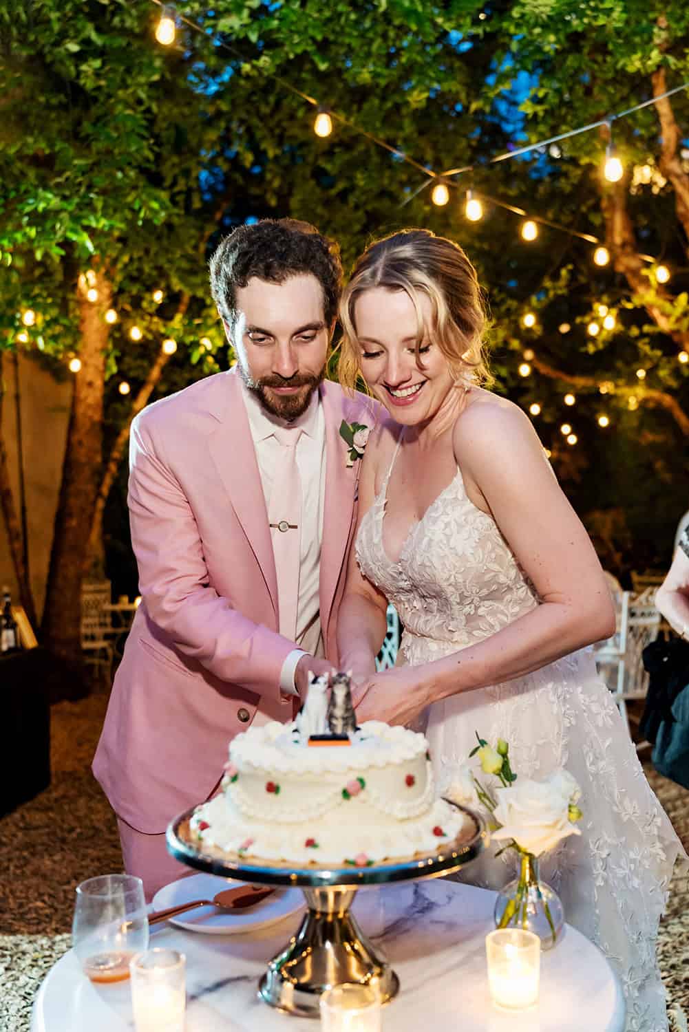 Reception bride and groom wedding cake cut outdoor Milk and Roses backyard Greenpint Brooklyn NYC Wedding
