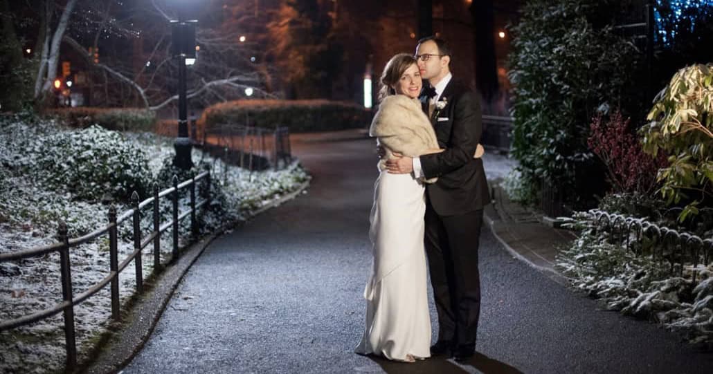 Winter Central Park NYC with snow outdoor portrait elopement Boathouse wedding