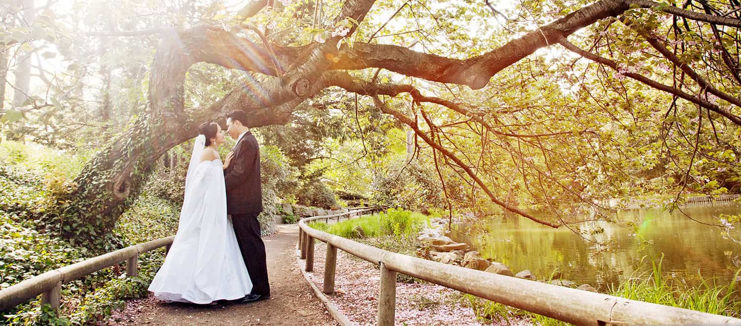 brooklyn botanic garden bbg outdoor asian wedding portrait sunset kiss nyc